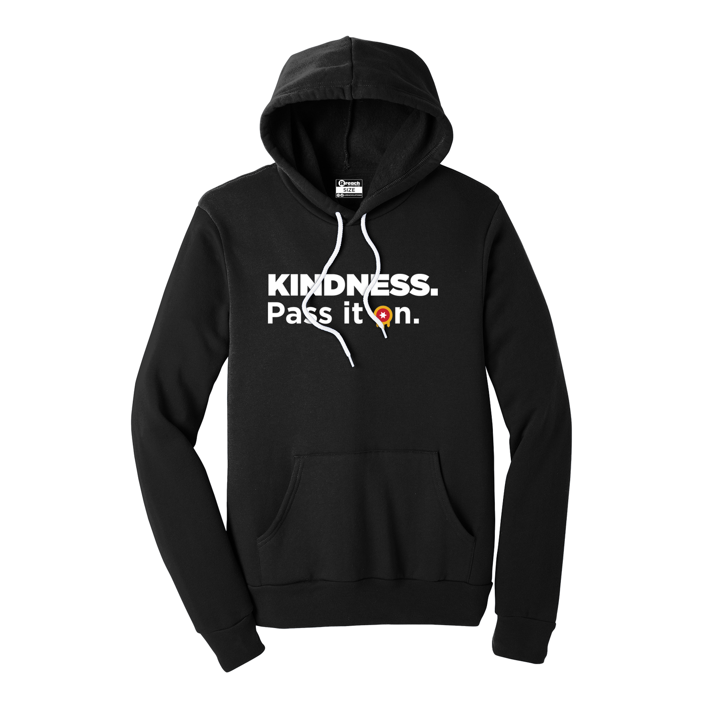 Black hoodie that reads "Kindness. Pass it on." with the O in "on" replaced with the Tulsa Flag emblem.