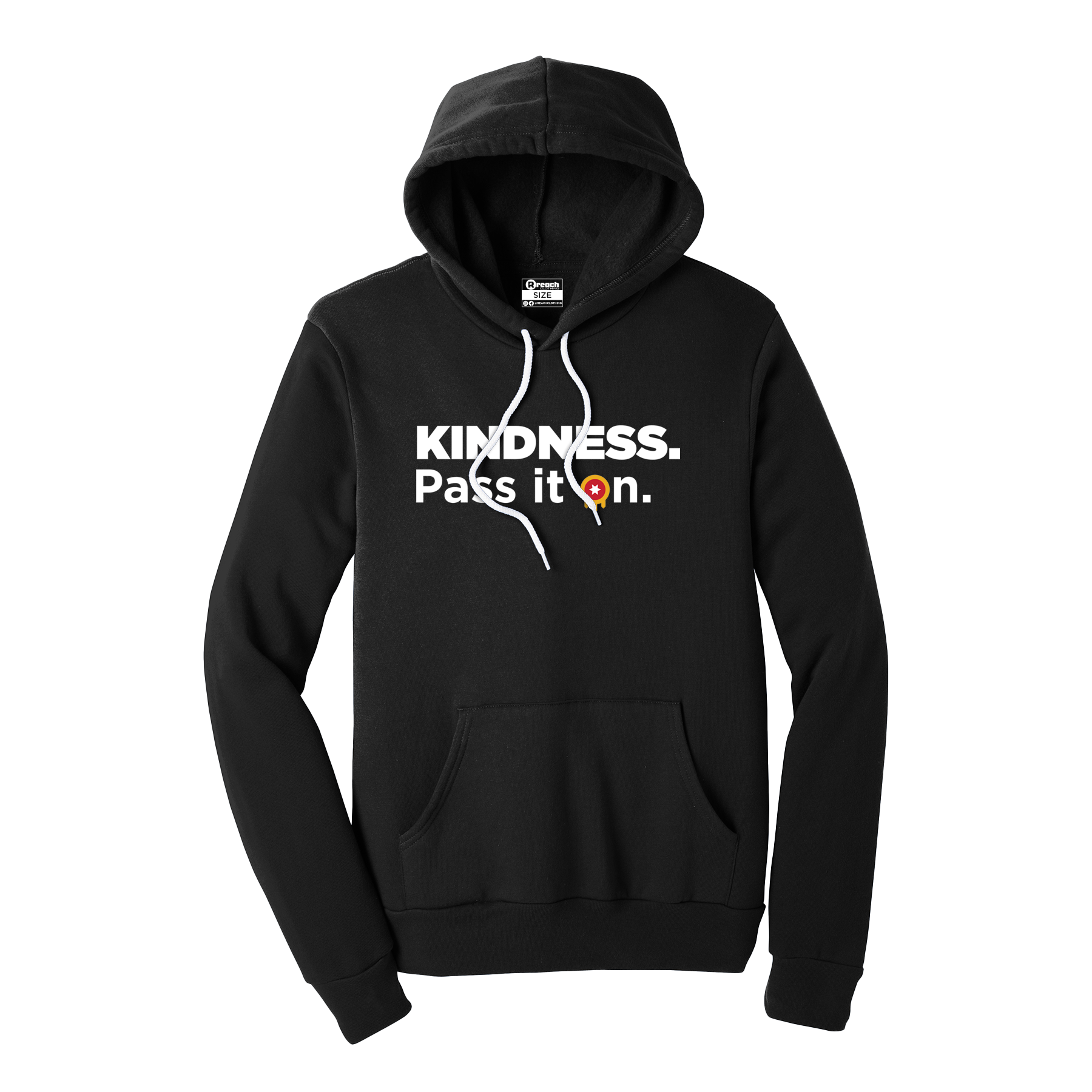 Black hoodie that reads "Kindness. Pass it on." with the O in "on" replaced with the Tulsa Flag emblem.