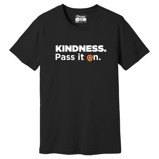 Black shirt that reads "Kindness. Pass it on." with the O in "on" replaced with the Tulsa Flag emblem.