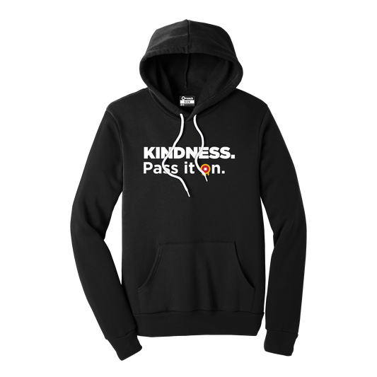 Black hoodie that reads "Kindness. Pass it on." with the O in "on" replaced with the Tulsa Flag emblem.